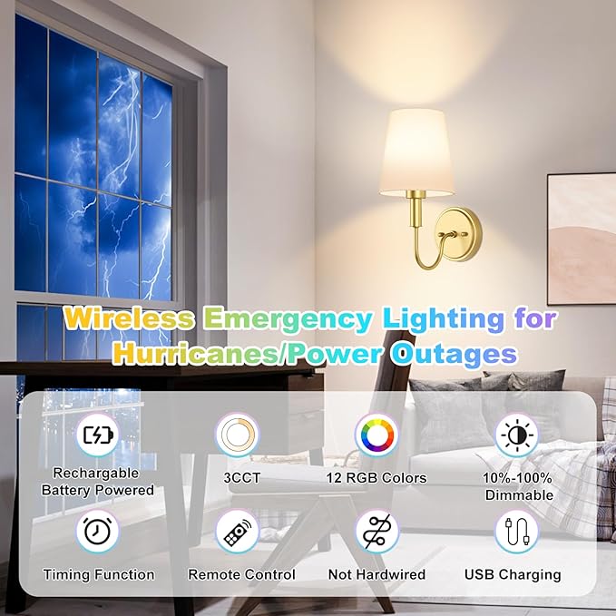 Wireless Rechargeable Wall Sconce, Battery Operated Wall Lights with Remote, Wall Lamps with Dimmable RGB LED Bulbs, No Wiring Gold Sconces Wall Decor Set of 2 for Bedroom Living Room Hallway