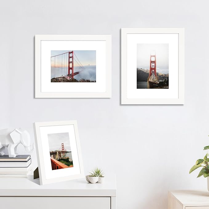 8x10 Picture Frame Set of 4, High Definition Real Glass, Display Pictures 5x7 with Mat or 8x10 Without Mat, Gallery Wall Hanging or Tabletop Photo Frames, White
