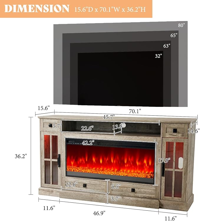 AMERLIFE 70” Fireplace TV Stand for 80 Inch TV, Farmhouse TV Stand with 42" Fireplace & LED Lights, Entertainment Center with Storage Drawers & Cabinets, Light Oak
