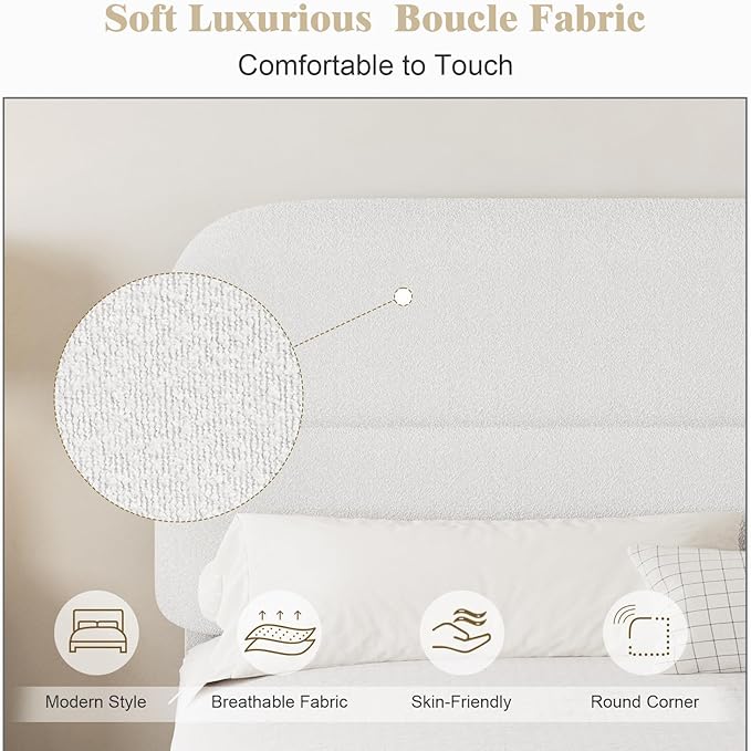 HOMBCK Queen Size Boucle Bed Frame, Upholstered Bed Frame with Headboard, Soft Cloud Bed with Thickened Footboard, Rounded Corners, No Box Spring Needed, Easy Assembly, White