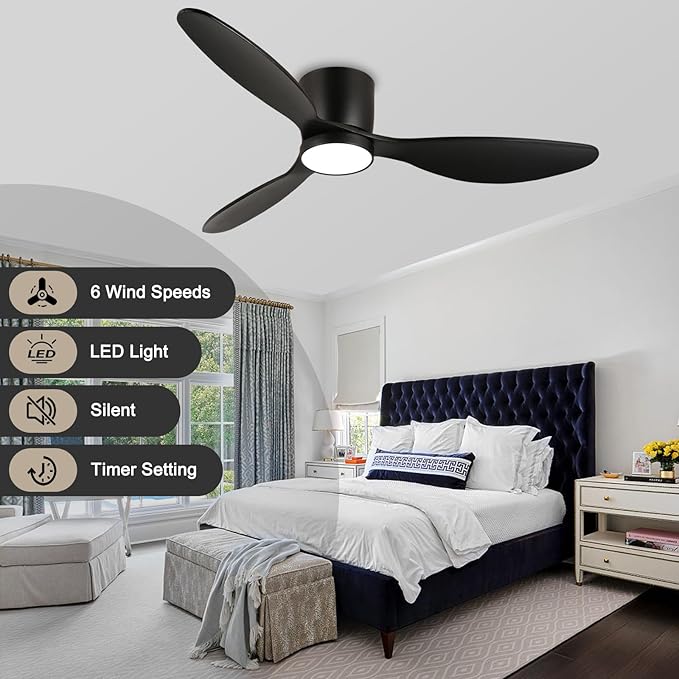 reiga 52 Inch Wood Black Modern Flush Mount Indoor Ceiling Fan with Light and Remote, 3 Propeller Blade, Quiet DC Motor for Bedroom Living Room