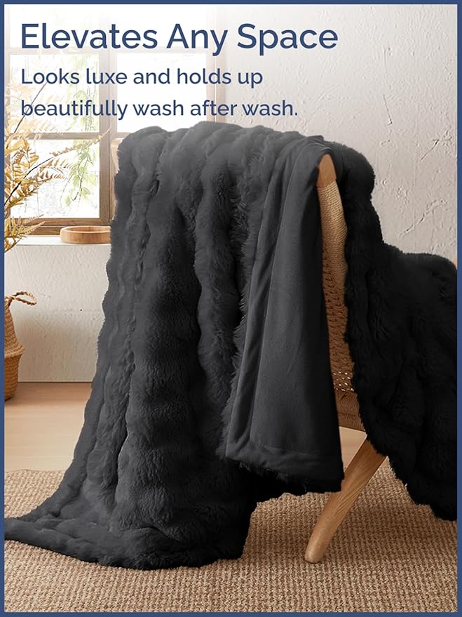 Fluffy Throw Blanket Twin Size - Faux Fur Throw for Couch or Bed - Ultra Plush Soft Extra Thick Faux Fur Rabbit Blanket - Comfy, Warm and Breathable - Luxury Minky Tie Dye Bedding - 60" x 80", Black