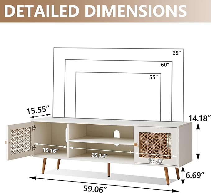 JYED Mid Century Modern TV Stand with Metal Mesh Doors and Open Shelf for 65" TVs,Antique White Media Console Wood Entertainment Center with Cable Holes for Living Room.59.06"x15.55"x20.87"