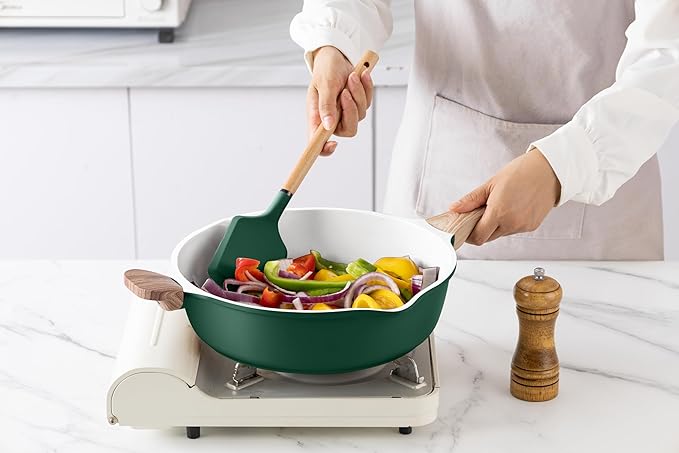 Country Kitchen Pots and Pans Set Nonstick, Cast Aluminum Kitchen Cookware Set with Utensils, 14 Pcs Non Stick Cooking Set w/Frying Pans & Saucepans, Sage