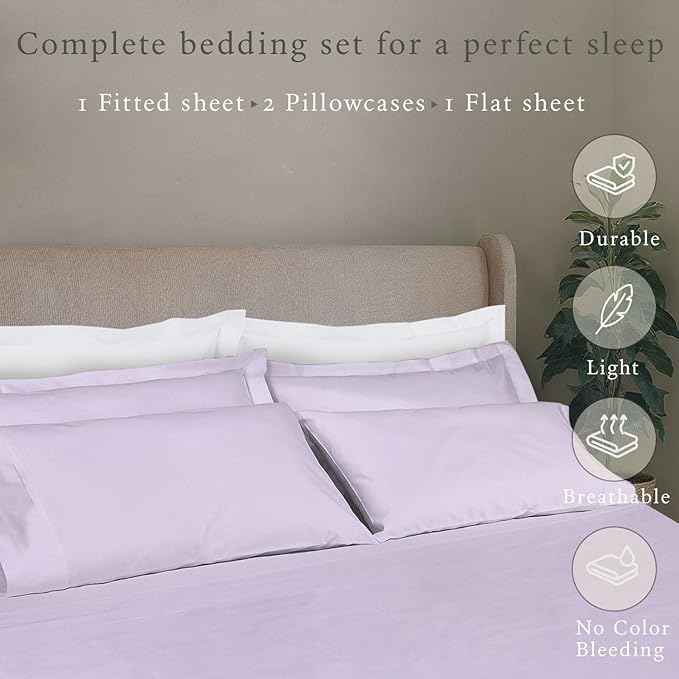 Threadmill Cotton Sheets for King Size Bed, 100% Cotton, 500 Thread Count, Deep Pocket Sheet Set for King Size Bed, Snug Fit, Soft & Crisp Cooling Hotel Quality Bed Sheets 4 Piece Set, Lilac