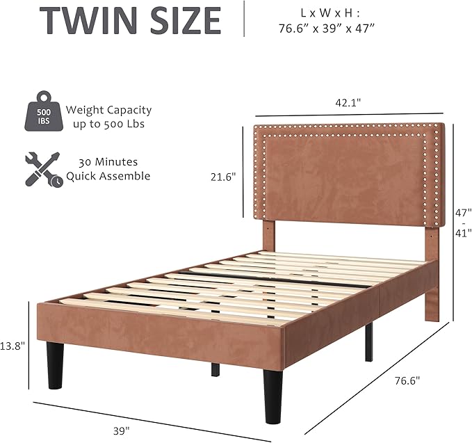 VECELO Twin Size Platform Bed Frame with Adjustable Upholstered Headboard, Strong Wood Slat Support, No Box Spring Needed, Easy Assembly