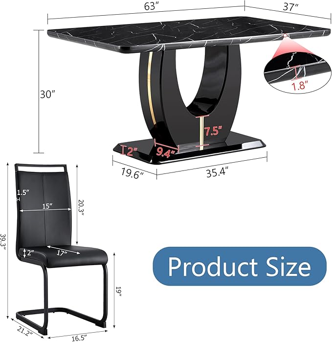 Dining Table Set for 6, Kitchen Table Chairs Set of 6, Modern Dining Room Set with 63 inch Marble Dinner Table PU Leather Upholstered Chairs for Dining Room Kitchen