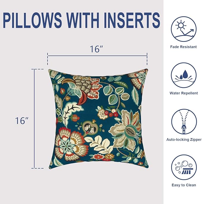 Outdoor Throw Pillows 16x16 Inch, Water Repellent Patio Pillows with Inners Set of 2, Outdoor Pillows for Patio Furniture Home Garden, Peacock Blue