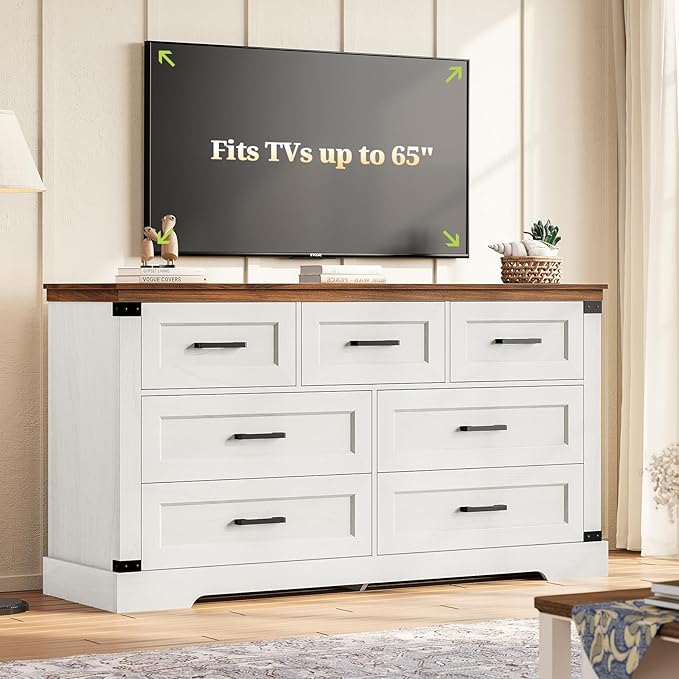 Hasuit White Dresser for Bedroom, Wooden 55.1" Long Dressers Chest of Drawer, Farmhouse 7 Drawer Dresser with Thick Styling, Large Capacity Storage Cabinet Organizer, Wide Dressers for Bedroom Hallway