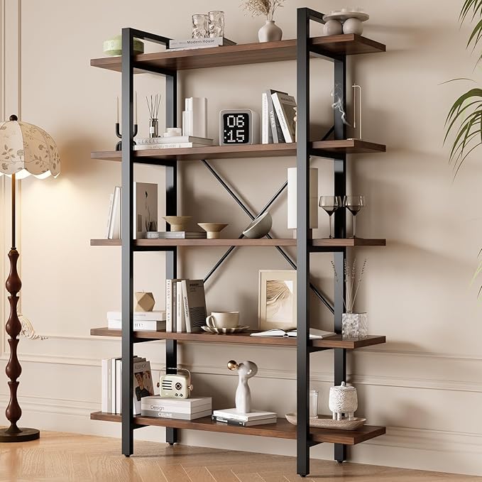 5 Tiers Bookshelf, Classically Modern White Bookshelf, Book Rack, Storage Rack Shelves in Living Room/Home/Office, Books Holder Organizer for Books/Movies (Dark Walnut, 5 Tiers)