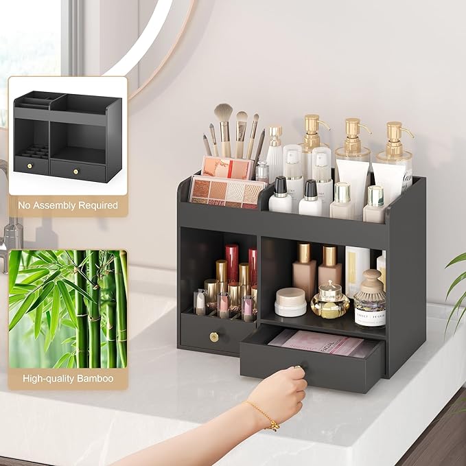 Makeup Organizer with Drawers, Bamboo Countertop Cosmetic Storage for Dresser Vanity Organizer Beauty Desk Skincare Holders Container Make Up Organizing for Lipstick