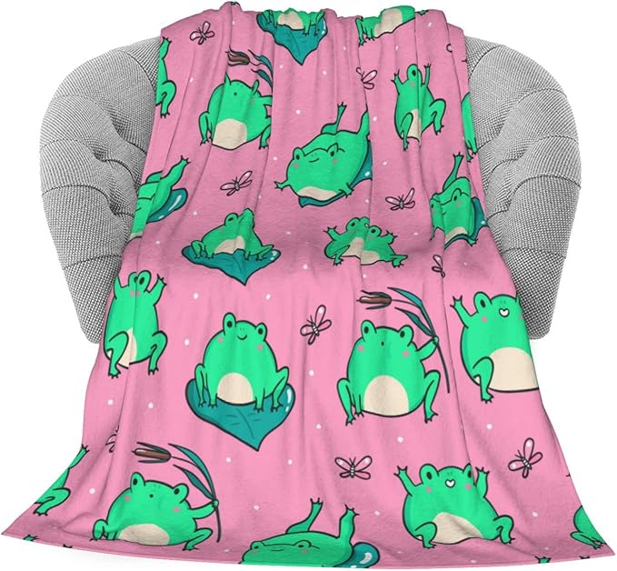 Cute Green Frogs on Pink Throw Blanket, Flannel Fleece Bed Blanket, Soft Cozy Fuzzy Plush Blankets for Couch Sofa Office Traveling Kids Bedroom Adults Living Room All Season, 50"x40"