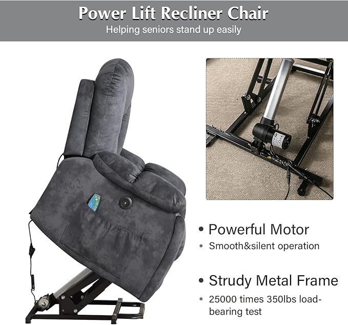 CANMOV Large Power Lift Recliner Chair with Massage, Heat, and USB for Elderly, Overstuffed Wide Recliners, Heavy Duty and Safety Motion Reclining Mechanism, Gray