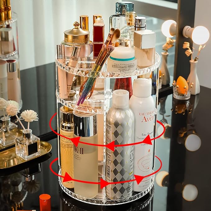 360 Rotating Makeup Organizer, DIY 8 Adjustable Layers Spinning Skincare Organizer, Cosmetic Holder Shelf for Vanity Bathroom Countertop (Clear-B)