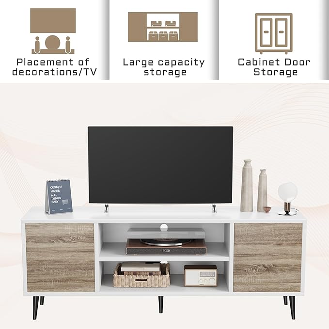 Flamaker TV Stand, 58 Inch Entertainment Center with 2 Doors and 2 Storage Cabinets for TV up to 65 inch, TV Console Table for Living Room, Bedroom, Office (White and Oak)