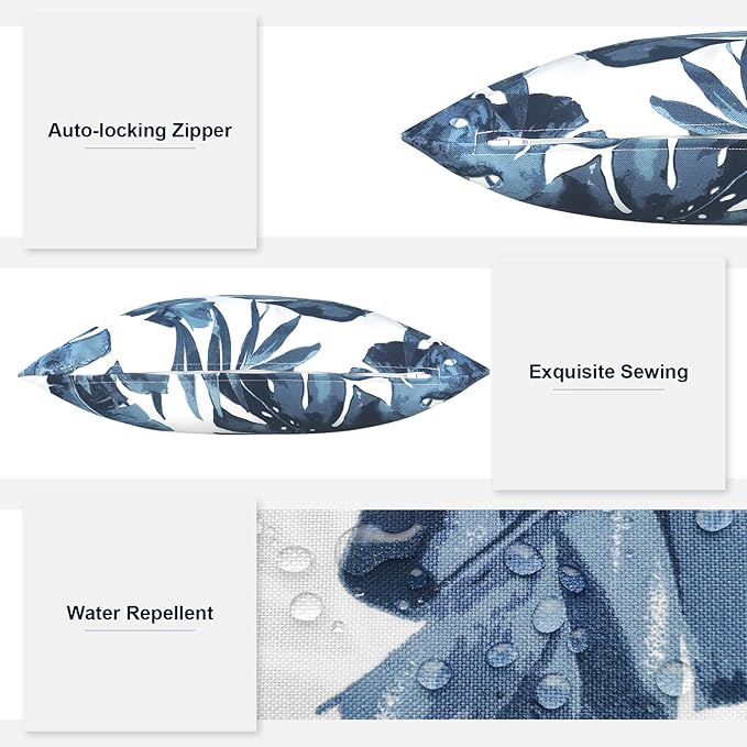 Pack of 2 Outdoor Lumbar Pillow Covers, All Weather Cushion Pillow Cases 12x20 Inch, Pillowcase for Patio Couch Decoration, Palm Blue