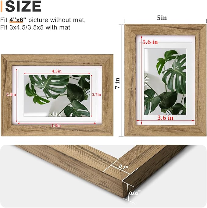 Egofine 4x6 Picture Frame Made of Solid Wood with Plexiglass, Display Pictures 3.5x5 with Mat or 4x6 Without Mat for Tabletop and Wall Mounting, Carbonized Brown