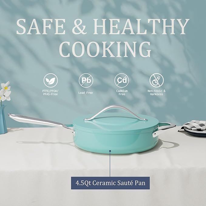 Nonstick Ceramic Sauté Pan with Lid (4.5 qt, 11"), Deep Frying Pan for All Cooktops - Non Toxic, PTFE/PFAS Free, Dishwasher & Oven Safe up to 500°F - with Stay Cool Handle - Caribbean Blue