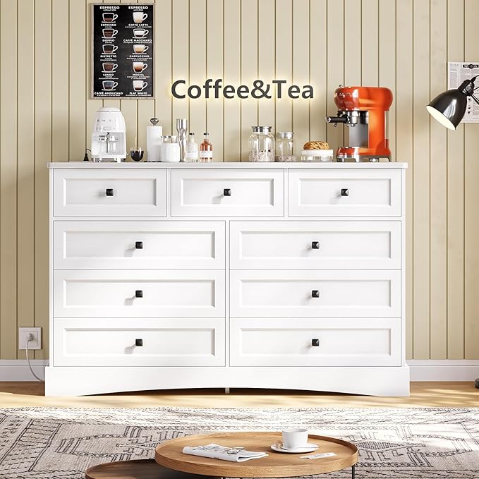 Hasuit White Dresser for Bedroom with 9 Drawers, 51.2" Large Drawer Dressers with Charging Station, Wide Farmhouse Dressers Chest of Drawers, Wooden Storage Tower Organizer, Dresser for Bedroom Closet