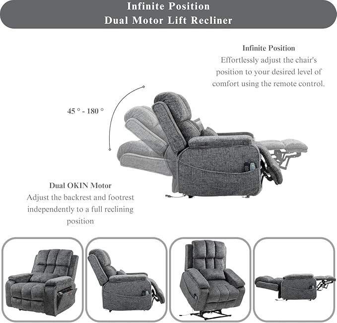 Power Lift Recliner Chairs for Elderly - Infinite Position Lay Flat Recliner with Heat & Massage Side Storage Cup Holder - USB Type C Charging - Dual Motor Lift Chair 400 lbs