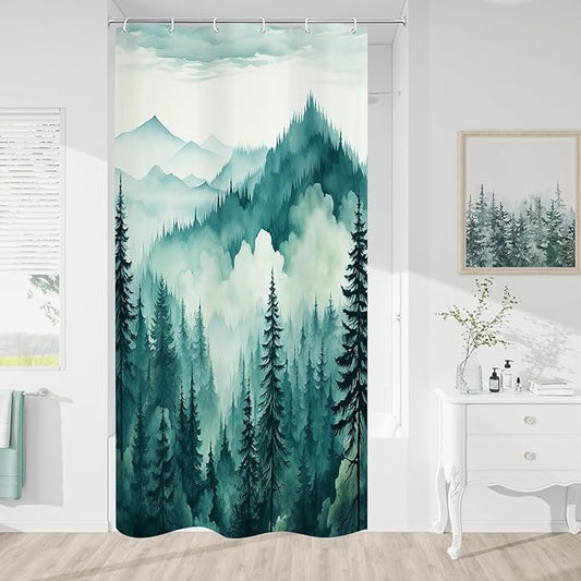 Teal Blue Small Stall Misty Pine Forest Shower Curtain 36 x 72, Mountain Foggy Woodland Scenery Tree Narrow Half Size Shower Curtains for Bathroom, Turquoise Waterproof Nature-Themed Decor