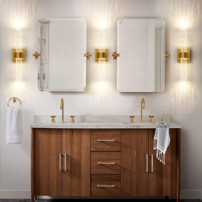 Gold Wall Sconces Set of Two - Modern Crystal Sconces Wall Lighting 12W 4000K LED Wall Sconce Dimmable Indoor Wall Light Fixtures for Bathroom Bedroom Living Room Hallway, 18 Inch