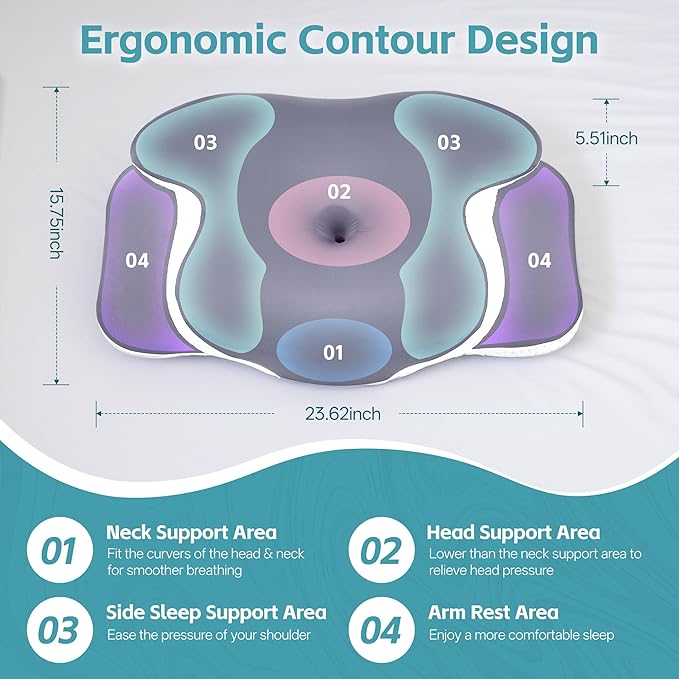 Cervical Neck Pillow for Neck Pain Relief & Support - Cooling Ergonomic Memory Foam Pillow with Dual-Height Contour & Ice Silk Cover for Side, Back, Stomach Sleepers,Grey