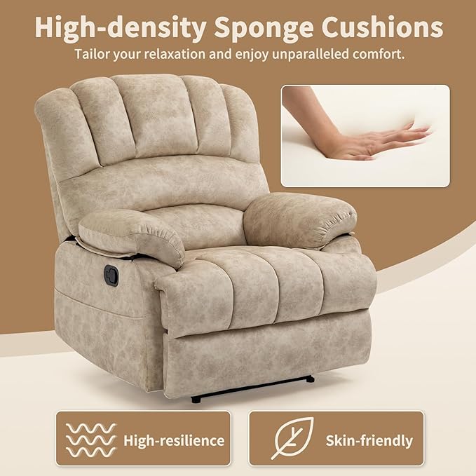 Large Recliner, 23" Wide Seat, A Recliner with Three Position, Recliner Chair Oversized with Two Side Pockets, Light Beige