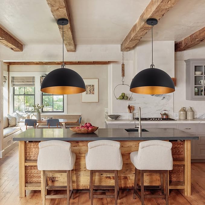 Vintage 2 pendant light,Industrial Pendant Light,17.72 inches large diameter, Line length 78.74" black and gold pendant light, widely used in the kitchen island, bedroom, dining room, hallway, garage