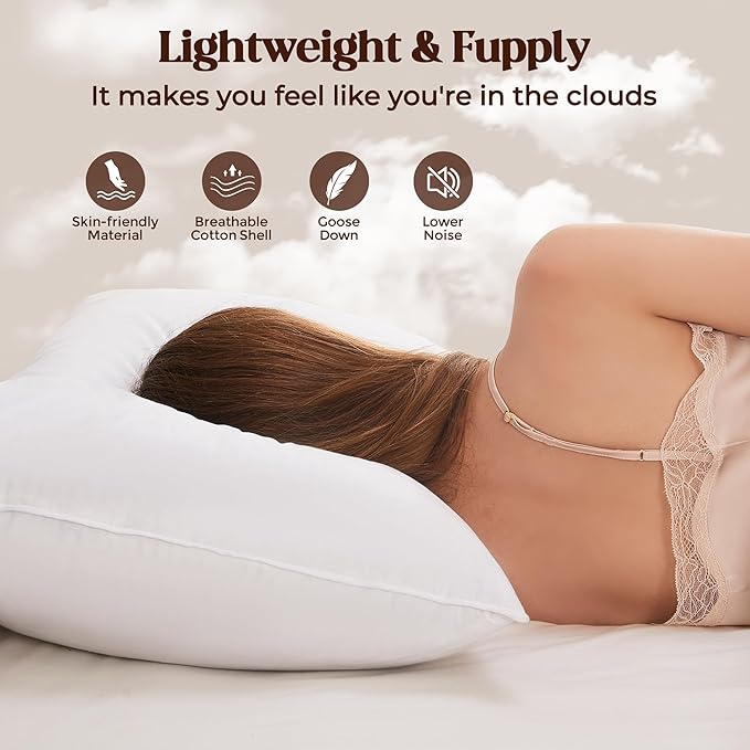 Goose Down Feather Pillows, Soft Bed Pillows Queen Size Set of 2, 100% Soft Cotton Shell, Hotel Pillows for Back, Stomach or Side Sleepers