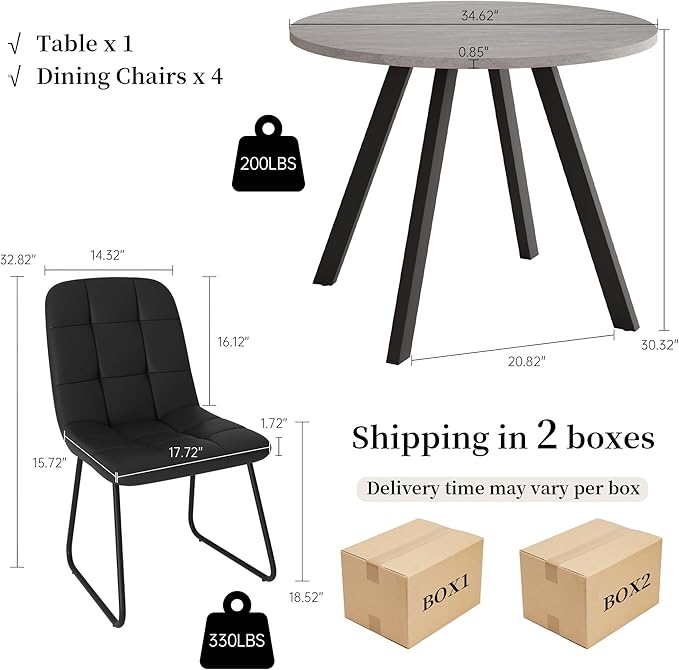34.6'' Dining Table and Chairs for 4, Mid Century Modern Round Table Set, Space Saving for Apartment Kitchen Dining Room (Grey Table+4 U-Shaped Black Chairs)
