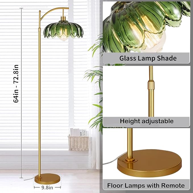 Gold Floor Lamps for Living Room,Glass Floor Lamp with Remote Control & Green Lampshade,Arc Flower Floor Lamp Dimmable Mid Century Modern Standing Lamp Vintage Brass Tall Lamp For Bedroom Corner