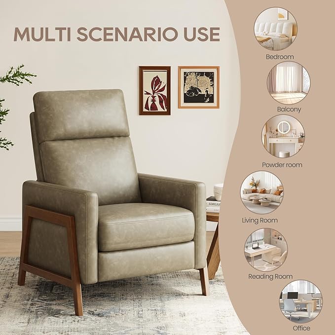 COLAMY Push Back Recliner Chair,Mid Century Modern Wingback Chair, Comfy Armchair PU Leather Living Room Chairs with Wood Legs Reclining Chair Adjustable, Grey