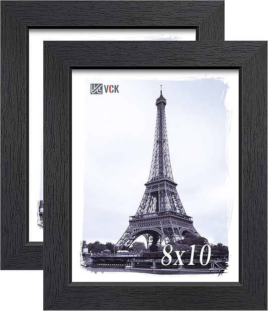 VCK 8x10 Picture Frame Set of 2 - Black, Textured Exclusive Solid Wood Picture Frames, Wall Gallery Frame