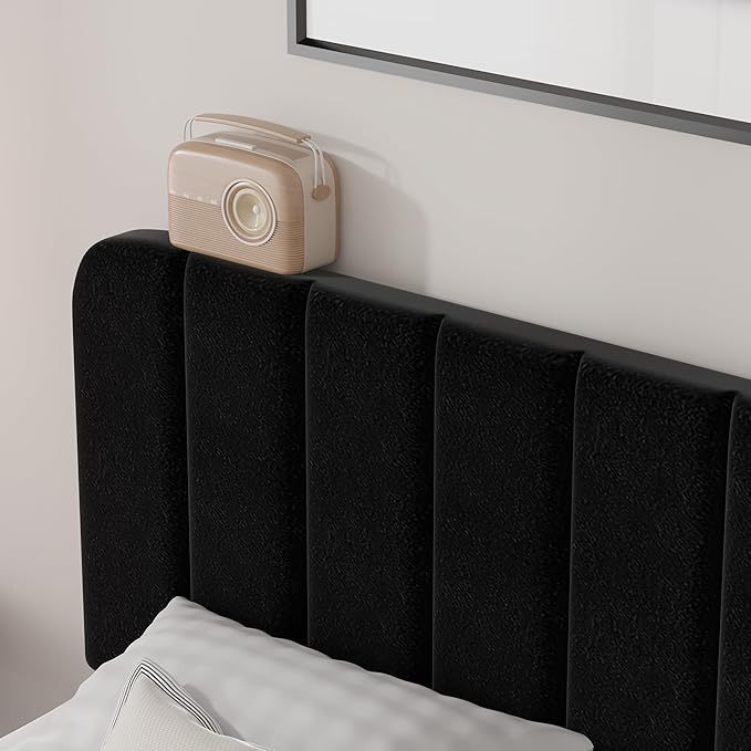 VECELO Full Size Bed Frame with Upholstered Headboard, Velvet Platform Bedframe Mattress Foundation, Strong Wood Slat Support, No Box Spring Needed,Black