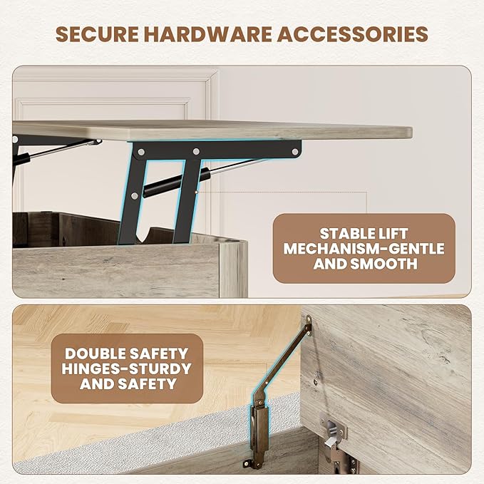 VOPEAK Lift Top Coffee Table with Storage, Large Square Coffee Table with Thickened Cushion, Family Gathering Center Table, Modern Wooden Coffee Tables for Living Room, Solid Wood Legs, Gray