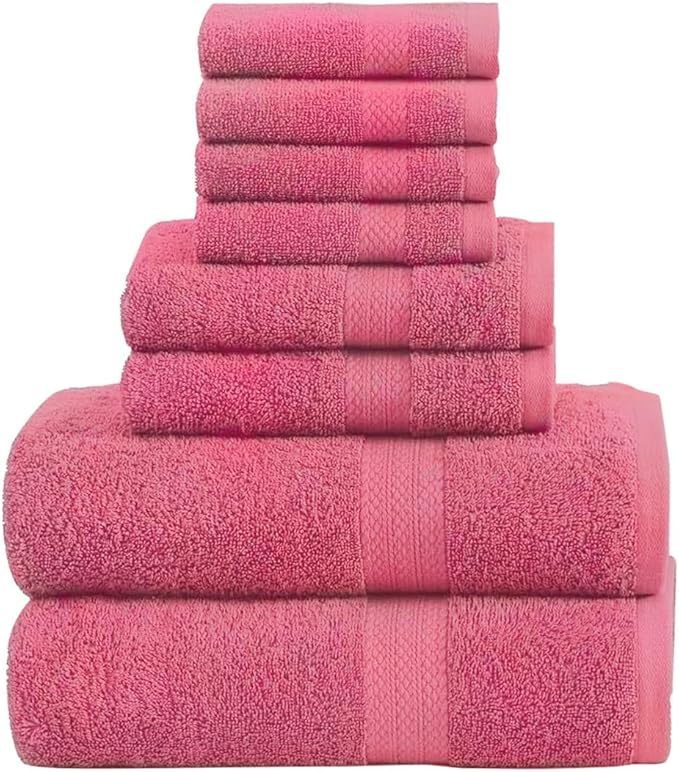 Pack of 8 Towels Set, 2 Large Bath Towels, 2 Hand Towels, 4 Wash Cloths, 100% Cotton, Lighter Weight, Quicker to Dry, Super Absorbent, Perfect for Bathroom (Pink)
