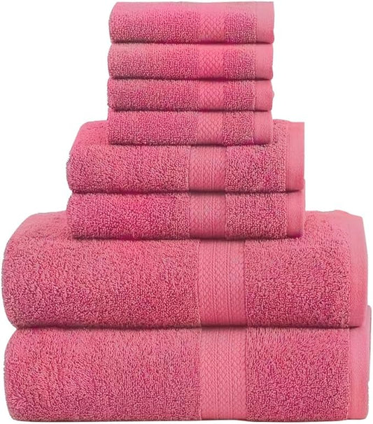 Pack of 8 Towels Set, 2 Large Bath Towels, 2 Hand Towels, 4 Wash Cloths, 100% Cotton, Lighter Weight, Quicker to Dry, Super Absorbent, Perfect for Bathroom (Pink)