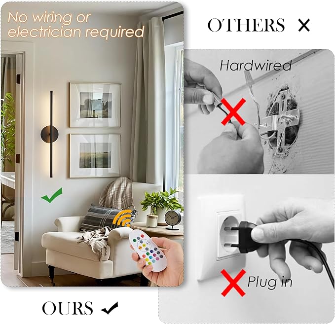 Battery Operated Wall Sconces Set of Two, with Remote Control, Dimmable, Warm White/Natural White/Daylight/RGB, 350°Rotate, LED Black Wireless Wall Light for Living Room, Bedroom, 20.4 Inch