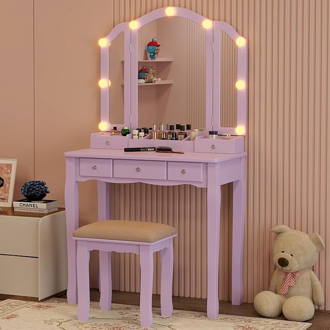 Purple Vanity Desk with Mirror and Lights Purple Vanity for Girls Makeup Vanity Desk with Lights Vanity Table with Lighted Mirror Make Up Vanity Desk with Drawers and Chair Set