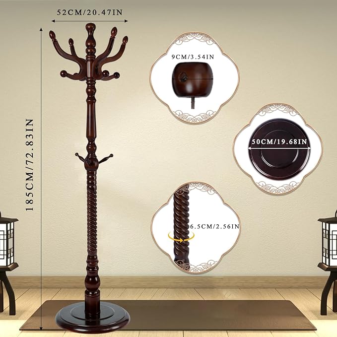 Coat Rack Freestanding, Wooden Tree Coat Rack Stand with 2 Adjustable Sizes Coat Tree and 11 Hooks, Sturdy Hall Tree with Tri-Legged Base for Entryway, Hallway, Bedroom (Walnut-Solid Round Base)