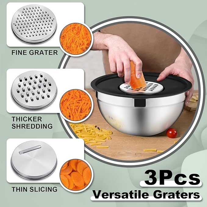P&P CHEF Mixing Bowls with Lids Set of 6, Stainless Steel Nesting Salad Bowl & 3 Grater Attachments for Prepping Storing, 4.6/2.6/2/1.5/1/0.7 QT, Black