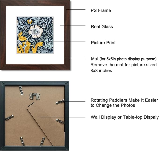 8x8 Picture Frame Set of 9 for Pictures 5x5 with Mat or 8x8 Without Mat, Wall or Tabletop Gallery Photo Frames Walnut