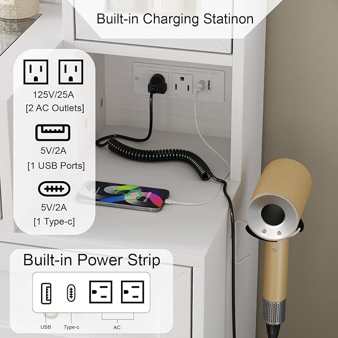 43" W Vanity Desk with Mirror & 11 Lights, 5 Drawer Modern Makeup Desk with Glass top & Cushioned Stool, 3 Lighting Modes Brightness Adjustable,Power Outlet,Bedroom，White