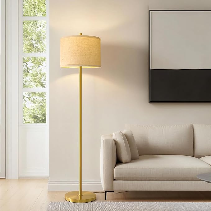 Oneach 61” Modern Floor Lamp for Living Room, Gold Standing Lamp with Natural Linen Lampshade, Rustic Industrial Corner Floor Lamp with Rotary Switch for Bedroom, Study Room, Dining Room
