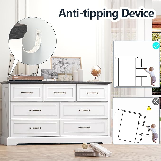 Dresser for Bedroom with 7 Drawer, Farmhouse Dresser for Closet, 47'' Wide Rustic Wooden Chest of Drawers with Natural Wood Texture, Vintage Storage Organizer for Living Room, Hallway, White