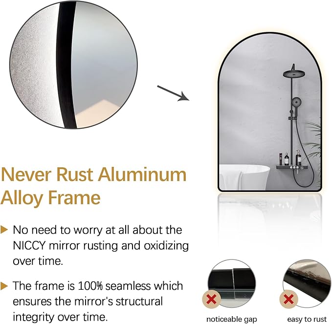 Niccy Arched LED Lighted Bathroom Mirror, 32x20 Inch Backlit Vanity Bathroom Mirror with Lights Brushed Black Framed Wall Mounted Mirrors with 3 Color Shatterproof Arch Smart Fog Free Mirror
