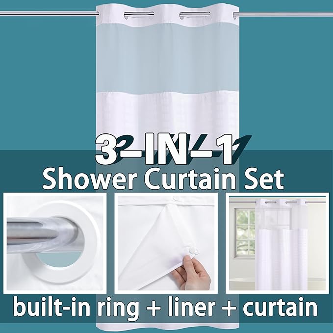 Conbo Mio Stall No Hook Shower Curtain with Snap in Liner Set, Hotel Luxury White Shower Curtains for Bathroom with See Through Top Window, Waterproof, Washable 36W x 74H