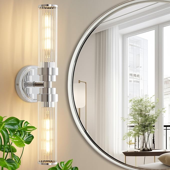 Bathroom Light Fixtures, Chrome Wall Sconce in Threaded Glass Indoor Vanity Lights, Modern Bathroom Vanity Light Up and Down Sconces Wall Lighting for Bathroom, Living Room - Bulb Not Included