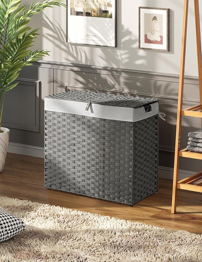 Greenstell Laundry Hamper with lid, No Install Needed, 130L Wicker Laundry Baskets Foldable 2 Removable Liner Bags, 2 Section Clothes Hamper Handwoven Rattan Laundry Basket with Handles, Gray
